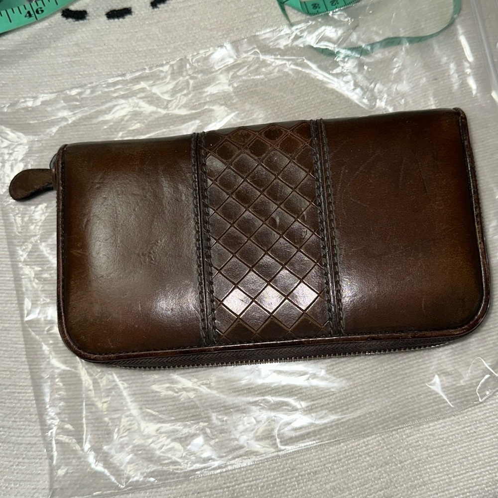 Bottega Veneta brown leather zip around long wallet with intrecciato stripe